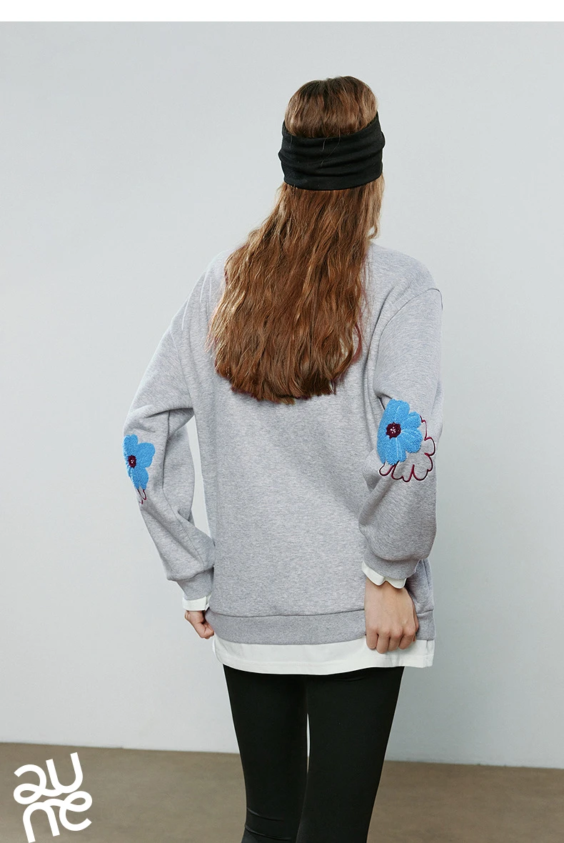 TOYOUTH Women Hoodies 2025 Winter NewAsymmetric Fleece-Lined Warm Contrast Color Spliced Fake Two-Piece Flower Niche Top