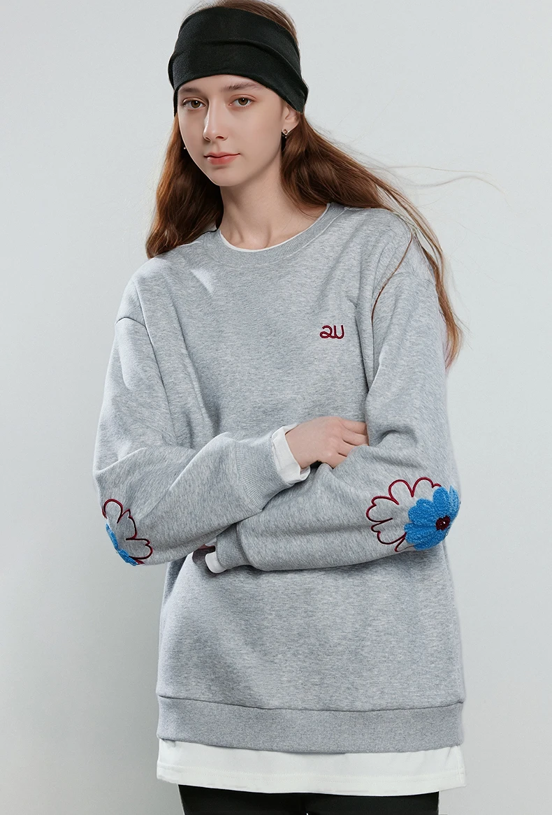 TOYOUTH Women Hoodies 2025 Winter NewAsymmetric Fleece-Lined Warm Contrast Color Spliced Fake Two-Piece Flower Niche Top