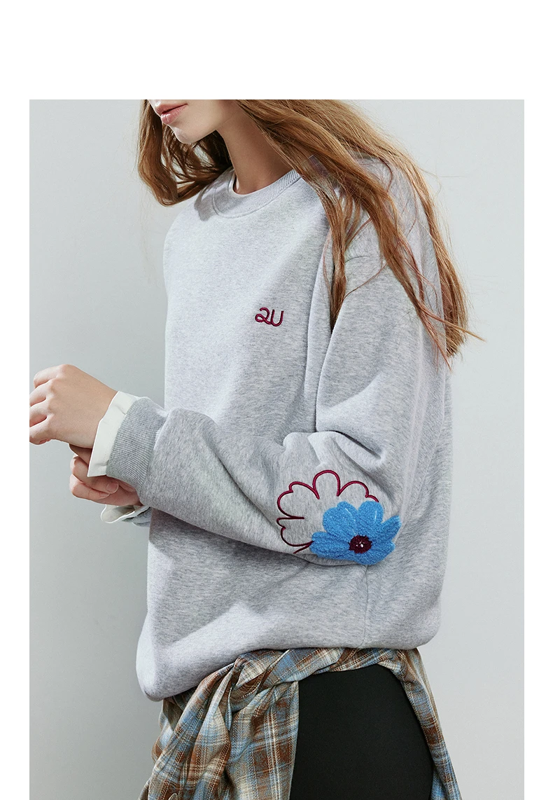 TOYOUTH Women Hoodies 2025 Winter NewAsymmetric Fleece-Lined Warm Contrast Color Spliced Fake Two-Piece Flower Niche Top