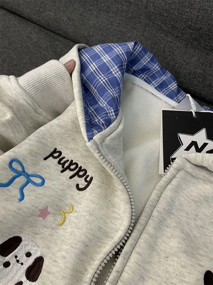 Classics Sweet Cute Cartoon Puppy Embroidery Zip Up Hoodie Women Jacket Thickened Fleece Lined Loose Casual Sweatshirt for Women