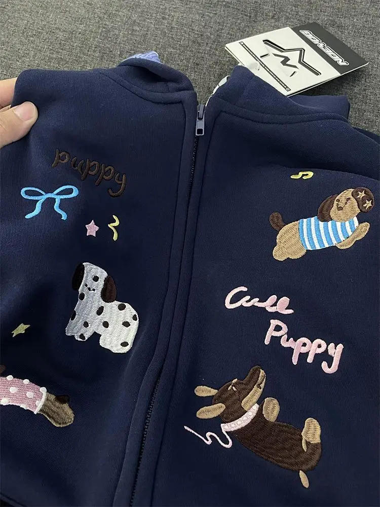 Classics Sweet Cute Cartoon Puppy Embroidery Zip Up Hoodie Women Jacket Thickened Fleece Lined Loose Casual Sweatshirt for Women