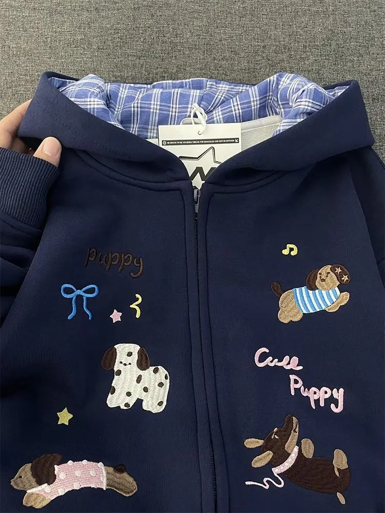 Classics Sweet Cute Cartoon Puppy Embroidery Zip Up Hoodie Women Jacket Thickened Fleece Lined Loose Casual Sweatshirt for Women