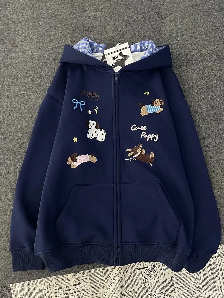 Classics Sweet Cute Cartoon Puppy Embroidery Zip Up Hoodie Women Jacket Thickened Fleece Lined Loose Casual Sweatshirt for Women