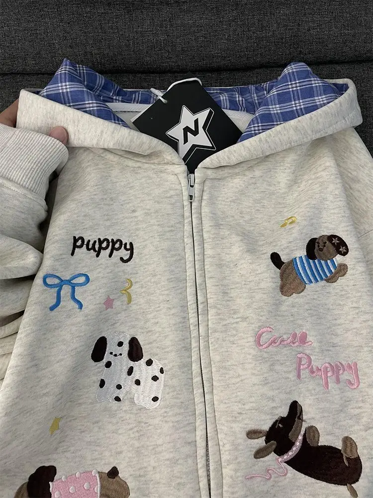 Classics Sweet Cute Cartoon Puppy Embroidery Zip Up Hoodie Women Jacket Thickened Fleece Lined Loose Casual Sweatshirt for Women