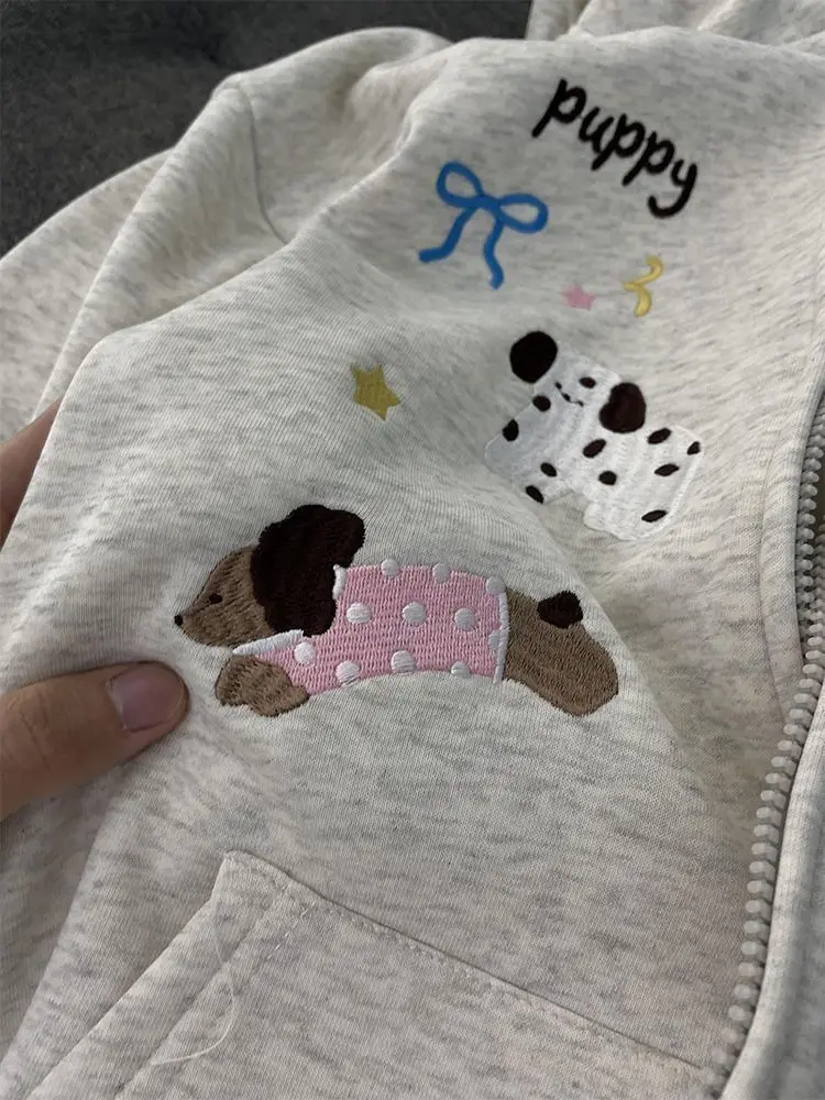 Classics Sweet Cute Cartoon Puppy Embroidery Zip Up Hoodie Women Jacket Thickened Fleece Lined Loose Casual Sweatshirt for Women