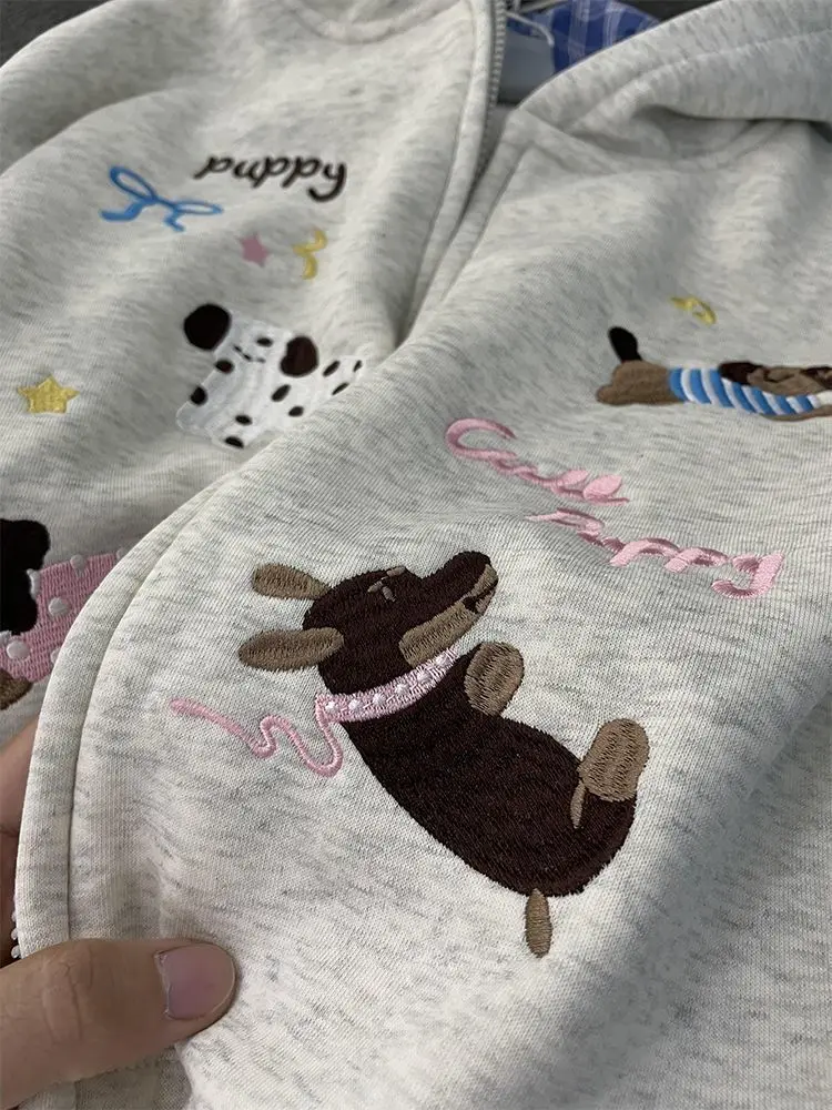 Classics Sweet Cute Cartoon Puppy Embroidery Zip Up Hoodie Women Jacket Thickened Fleece Lined Loose Casual Sweatshirt for Women