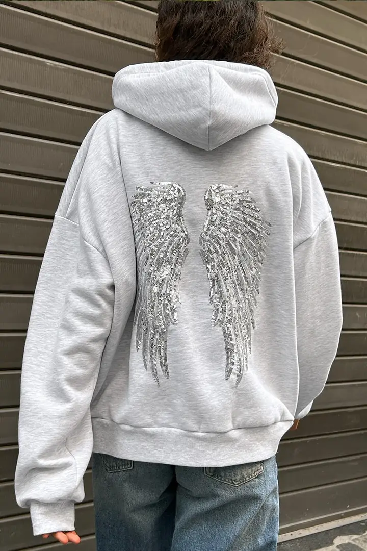 Female Sequined Wing Print Pattern Hoodie Autumn Fashion Classical Hooded Sweatshirt 2025 Loose Elegant Versatile Warm Pullover