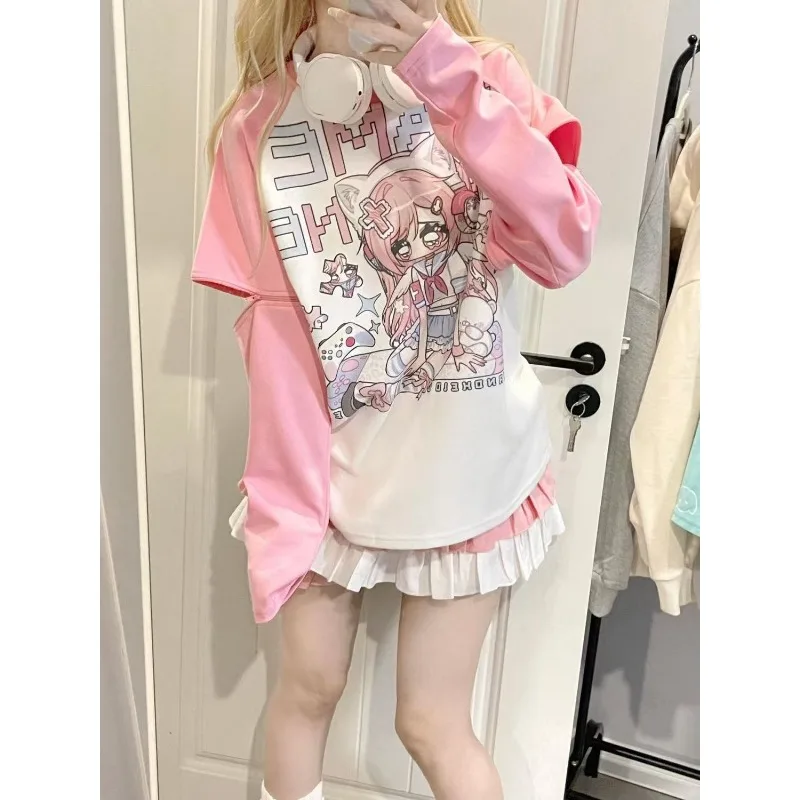 Japanese Subculture Chic Pink Patchwork Long-sleeve Hoodie Kawaii Anime Girl Print T Shirt Women Sweet Zipper Loose Casual Tops