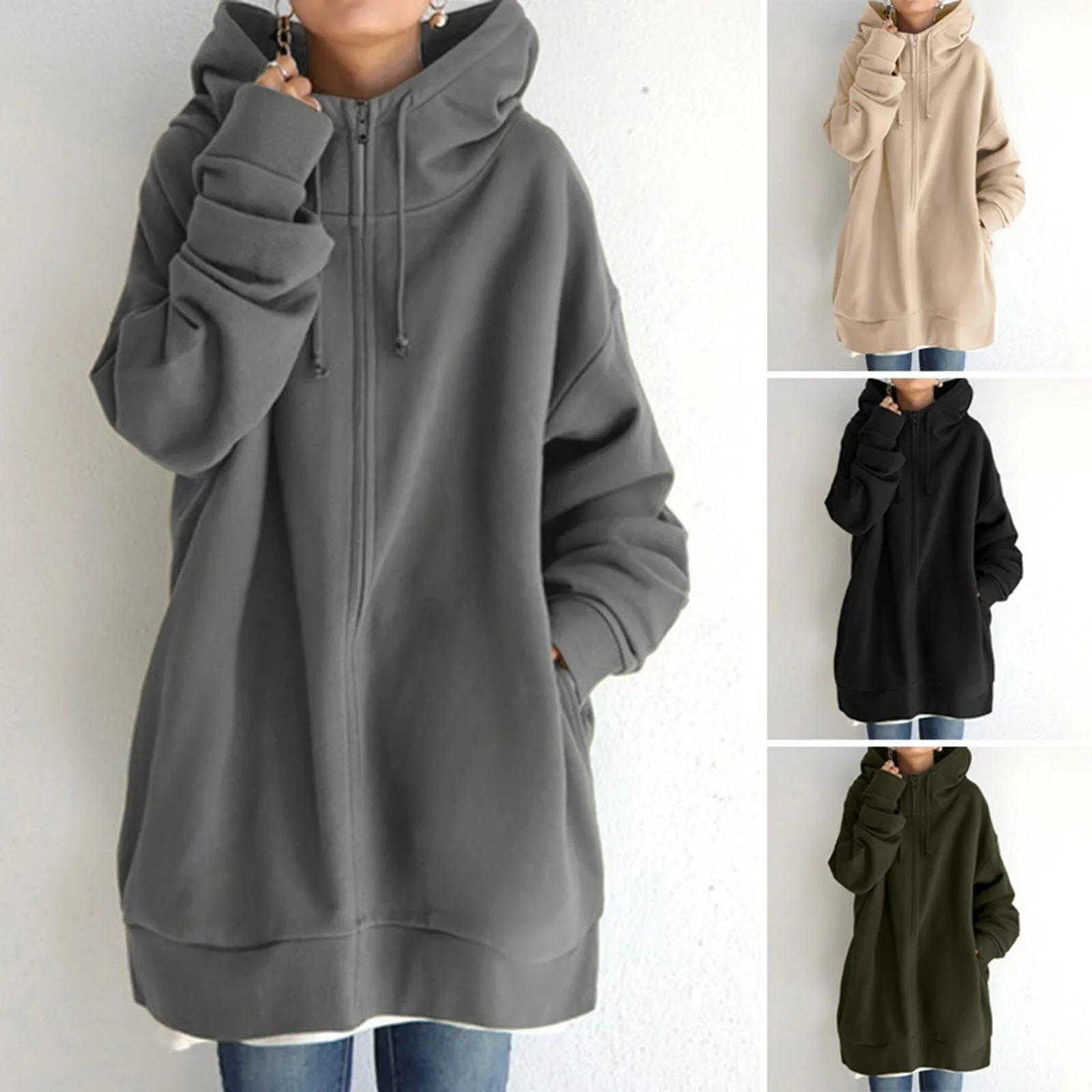 Slouchy Y2k Thicken Sweatshirt Women's Mid Length Solid Color Oversized Hoodies With Pockets Winter Large Size Hooded Jacket 5XL