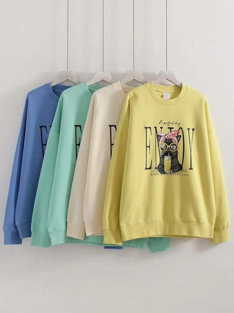 Streamgirl Crewneck Cat Printed Sweatshirts For Women Oversized Trendy Cotton Tops Women Pink Comfort Colors Sweatshirt Plain