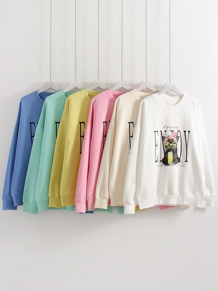 Streamgirl Crewneck Cat Printed Sweatshirts For Women Oversized Trendy Cotton Tops Women Pink Comfort Colors Sweatshirt Plain