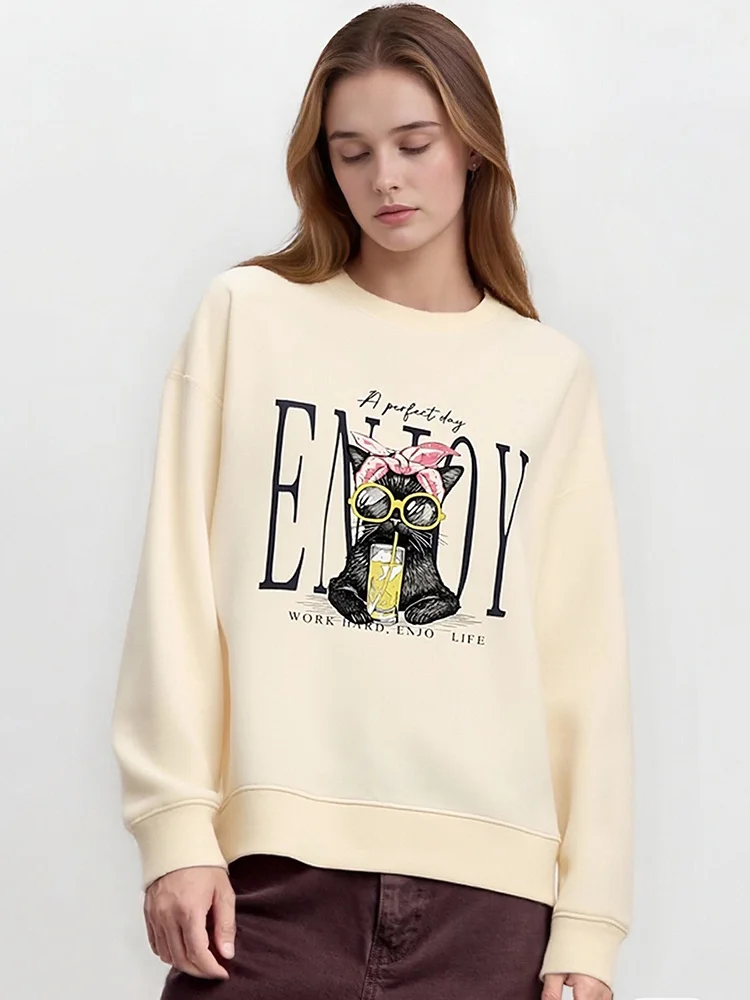 Streamgirl Crewneck Cat Printed Sweatshirts For Women Oversized Trendy Cotton Tops Women Pink Comfort Colors Sweatshirt Plain