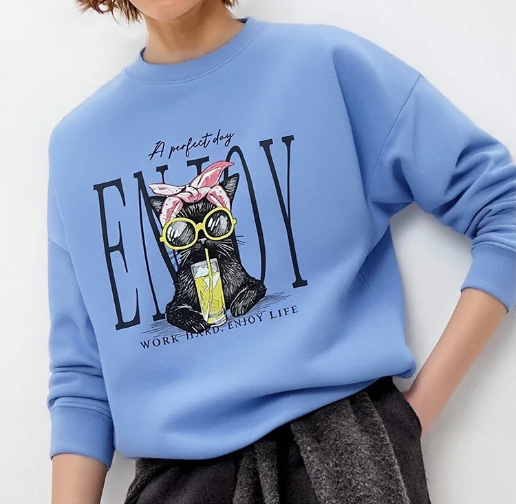 Streamgirl Crewneck Cat Printed Sweatshirts For Women Oversized Trendy Cotton Tops Women Pink Comfort Colors Sweatshirt Plain