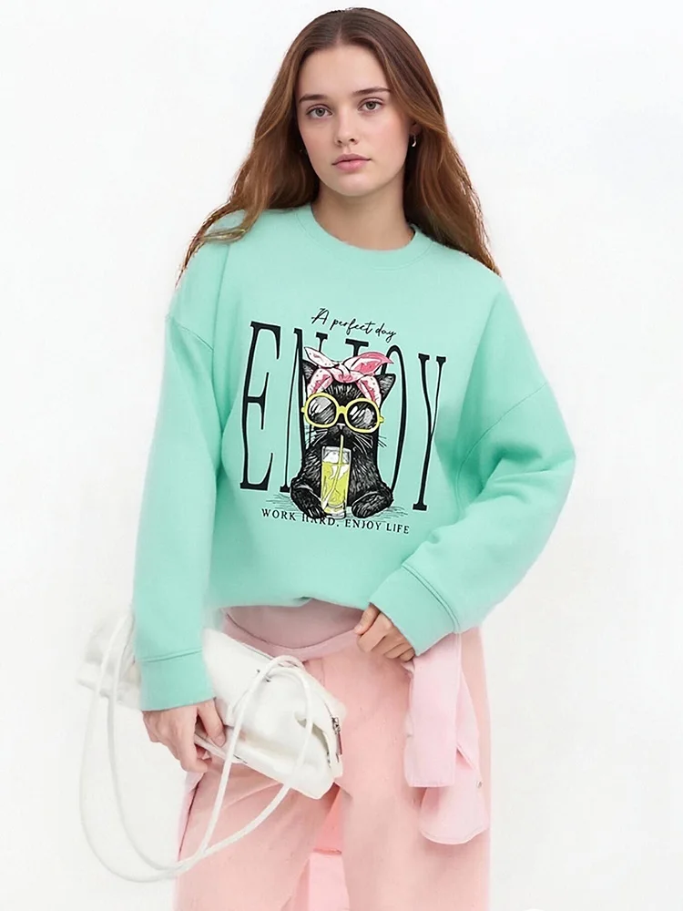 Streamgirl Crewneck Cat Printed Sweatshirts For Women Oversized Trendy Cotton Tops Women Pink Comfort Colors Sweatshirt Plain