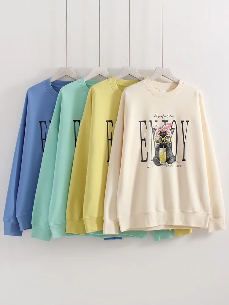 Streamgirl Crewneck Cat Printed Sweatshirts For Women Oversized Trendy Cotton Tops Women Pink Comfort Colors Sweatshirt Plain