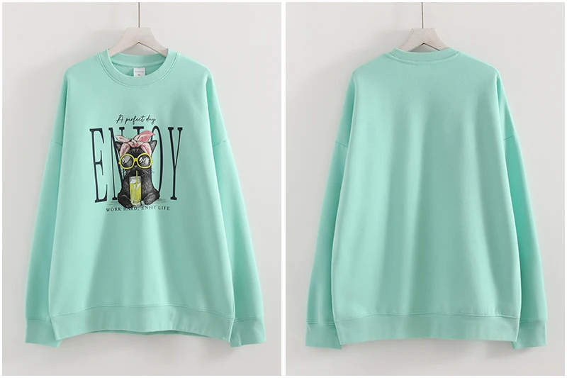 Streamgirl Crewneck Cat Printed Sweatshirts For Women Oversized Trendy Cotton Tops Women Pink Comfort Colors Sweatshirt Plain