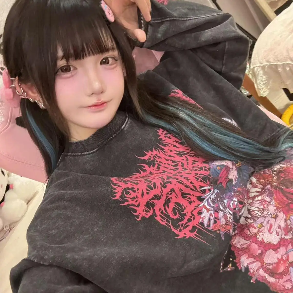 Japanese Harajuku Style Anime Print Subculture Patchwork Color Hoodie Women Gothic Street Punk Y2K Oversized Casual Sweatshirt