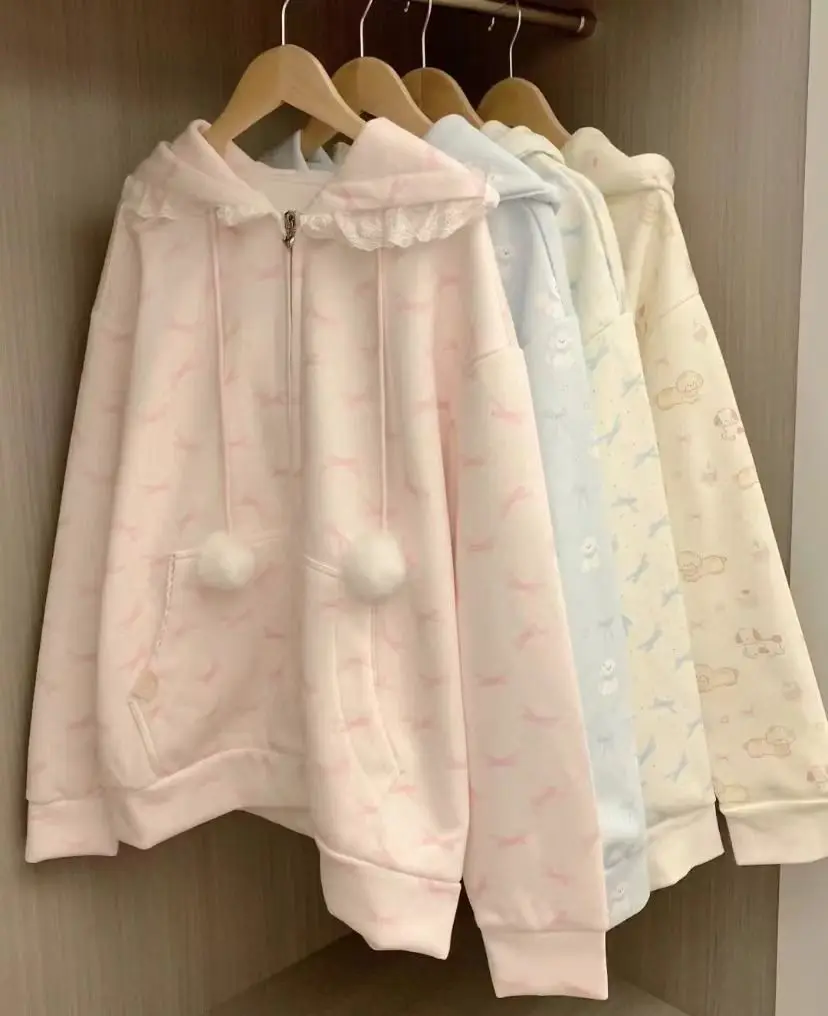 Japanese Lace Patchwork Pocket Hoodies Tops Autumn Harajuku Cartoon Printing Sweatshirt Casual Loose Y2k Aesthetic Streetwear