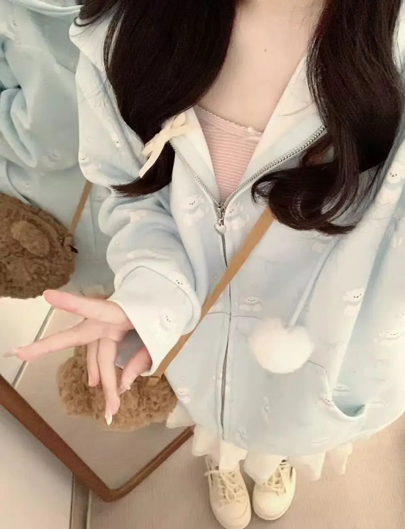 Japanese Lace Patchwork Pocket Hoodies Tops Autumn Harajuku Cartoon Printing Sweatshirt Casual Loose Y2k Aesthetic Streetwear