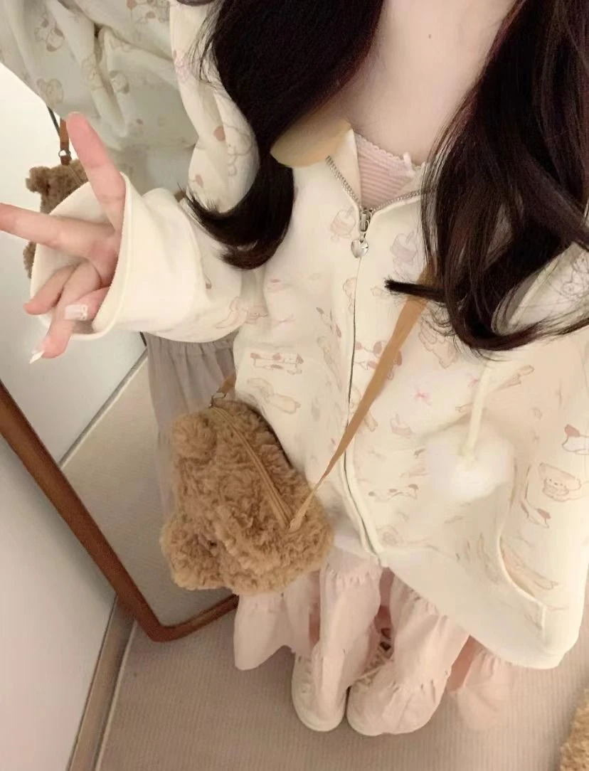 Japanese Lace Patchwork Pocket Hoodies Tops Autumn Harajuku Cartoon Printing Sweatshirt Casual Loose Y2k Aesthetic Streetwear