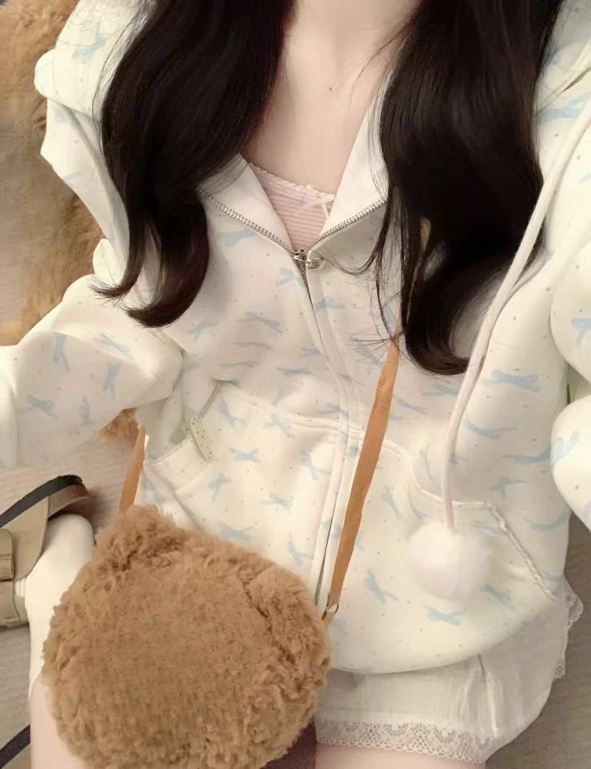 Japanese Lace Patchwork Pocket Hoodies Tops Autumn Harajuku Cartoon Printing Sweatshirt Casual Loose Y2k Aesthetic Streetwear