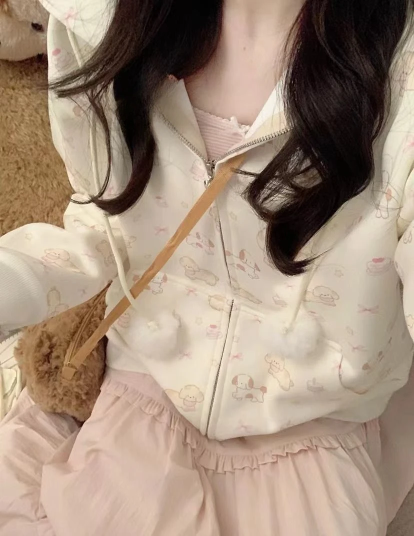 Japanese Lace Patchwork Pocket Hoodies Tops Autumn Harajuku Cartoon Printing Sweatshirt Casual Loose Y2k Aesthetic Streetwear