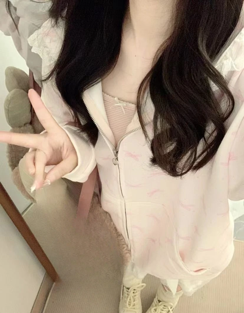 Japanese Lace Patchwork Pocket Hoodies Tops Autumn Harajuku Cartoon Printing Sweatshirt Casual Loose Y2k Aesthetic Streetwear