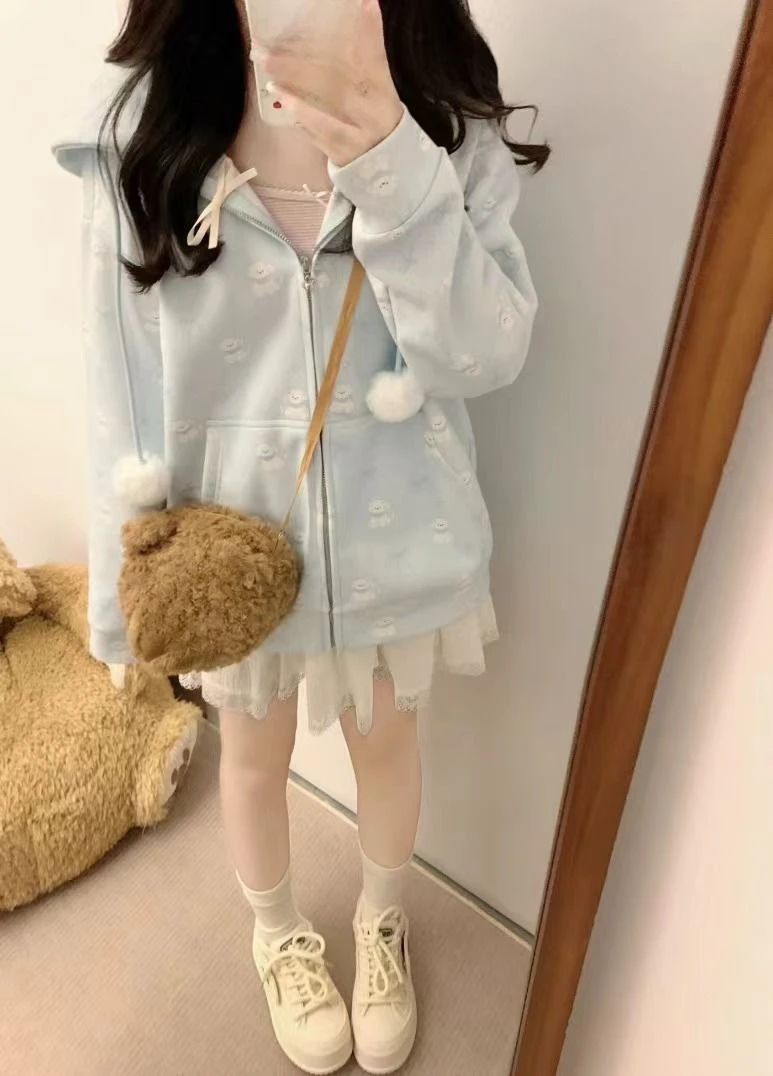 Japanese Lace Patchwork Pocket Hoodies Tops Autumn Harajuku Cartoon Printing Sweatshirt Casual Loose Y2k Aesthetic Streetwear