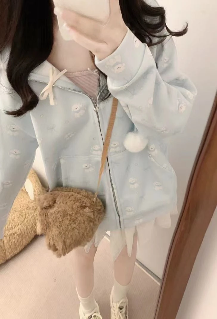 Japanese Lace Patchwork Pocket Hoodies Tops Autumn Harajuku Cartoon Printing Sweatshirt Casual Loose Y2k Aesthetic Streetwear