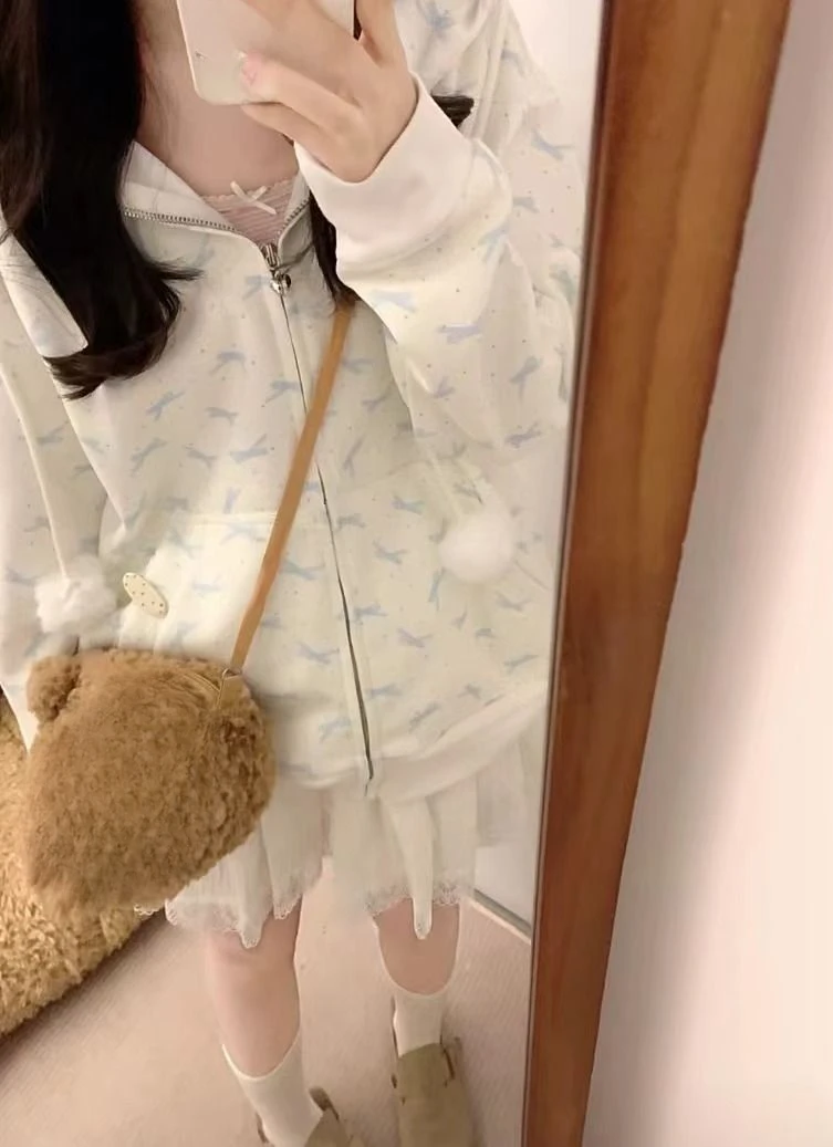 Japanese Lace Patchwork Pocket Hoodies Tops Autumn Harajuku Cartoon Printing Sweatshirt Casual Loose Y2k Aesthetic Streetwear