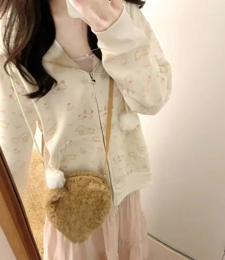 Japanese Lace Patchwork Pocket Hoodies Tops Autumn Harajuku Cartoon Printing Sweatshirt Casual Loose Y2k Aesthetic Streetwear