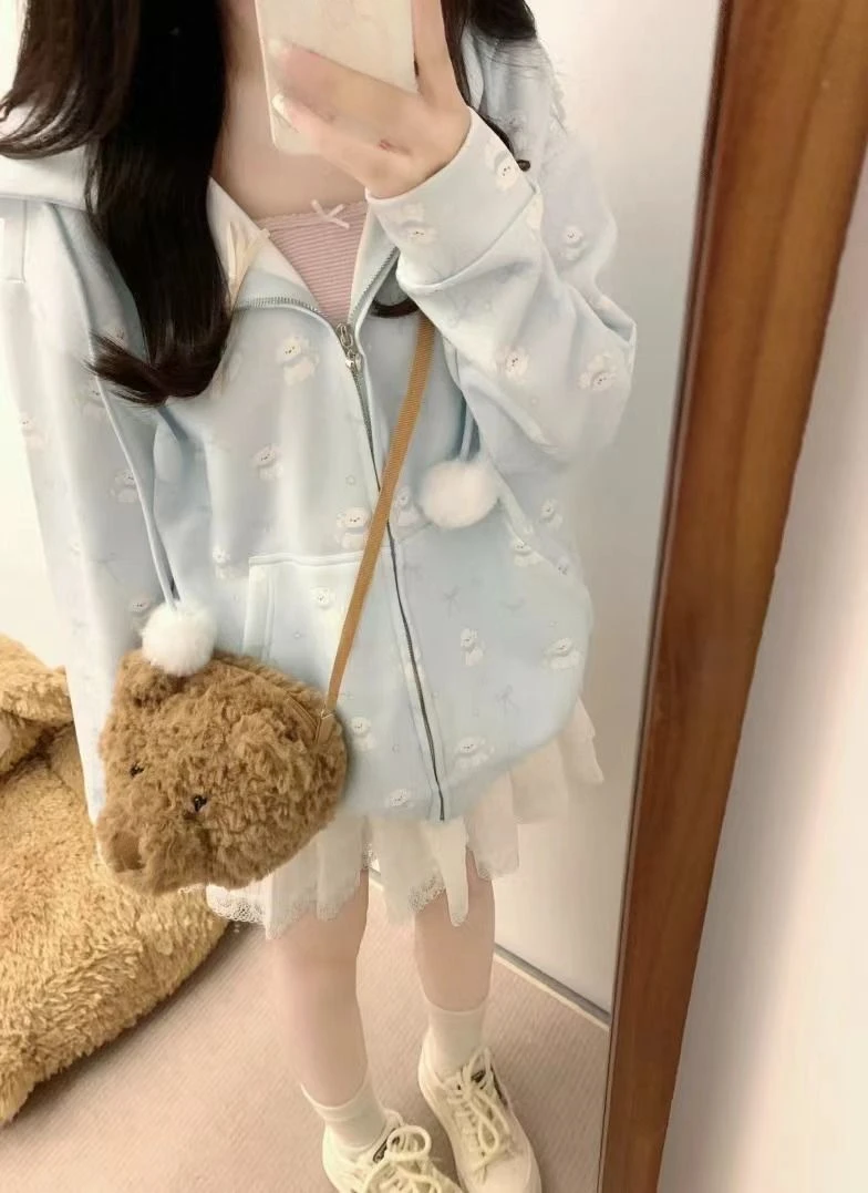 Japanese Lace Patchwork Pocket Hoodies Tops Autumn Harajuku Cartoon Printing Sweatshirt Casual Loose Y2k Aesthetic Streetwear