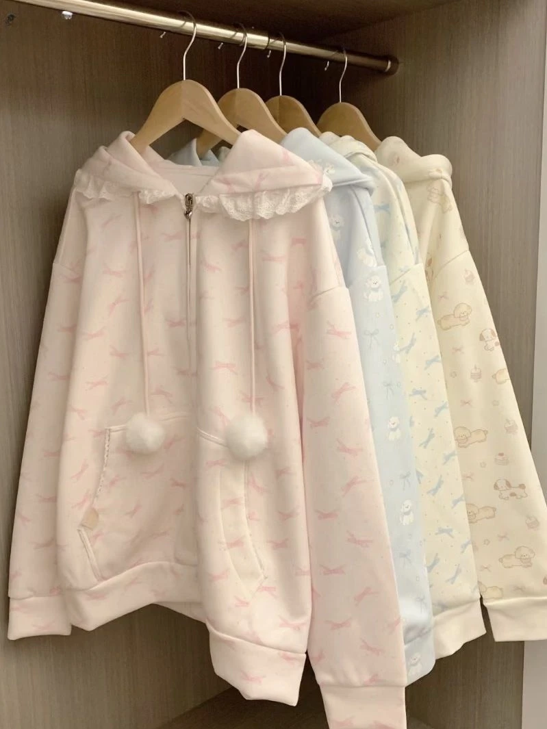Japanese Lace Patchwork Pocket Hoodies Tops Autumn Harajuku Cartoon Printing Sweatshirt Casual Loose Y2k Aesthetic Streetwear
