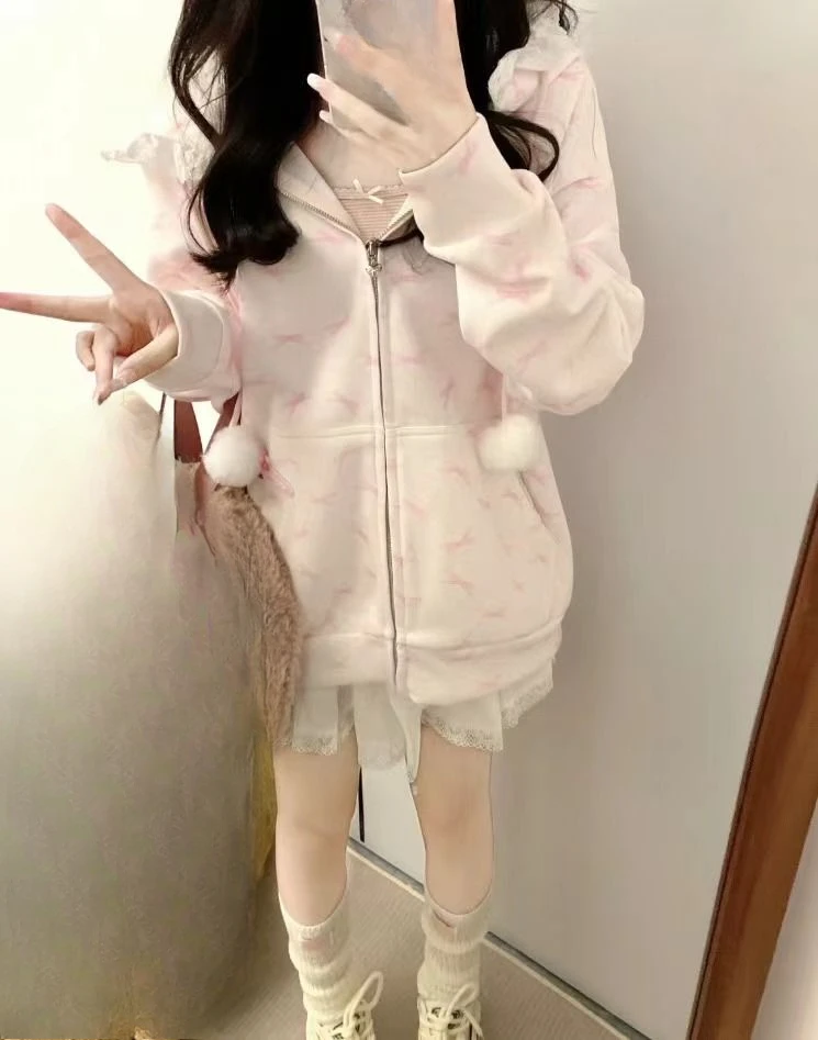 Japanese Lace Patchwork Pocket Hoodies Tops Autumn Harajuku Cartoon Printing Sweatshirt Casual Loose Y2k Aesthetic Streetwear
