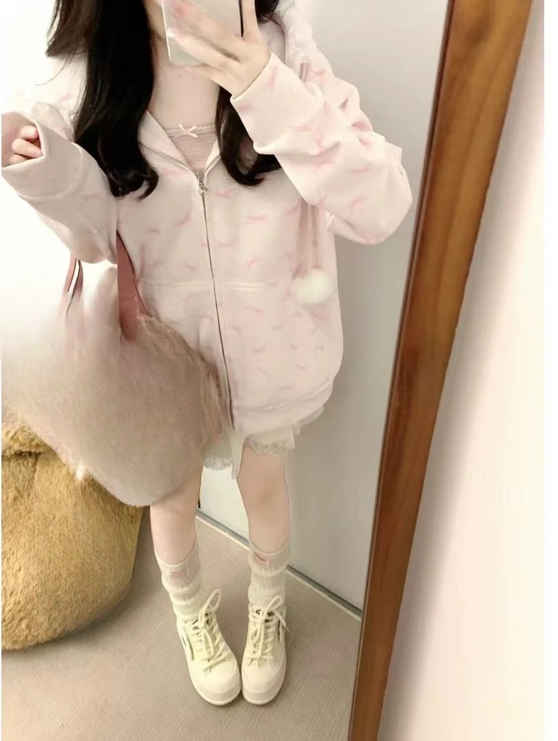 Japanese Lace Patchwork Pocket Hoodies Tops Autumn Harajuku Cartoon Printing Sweatshirt Casual Loose Y2k Aesthetic Streetwear