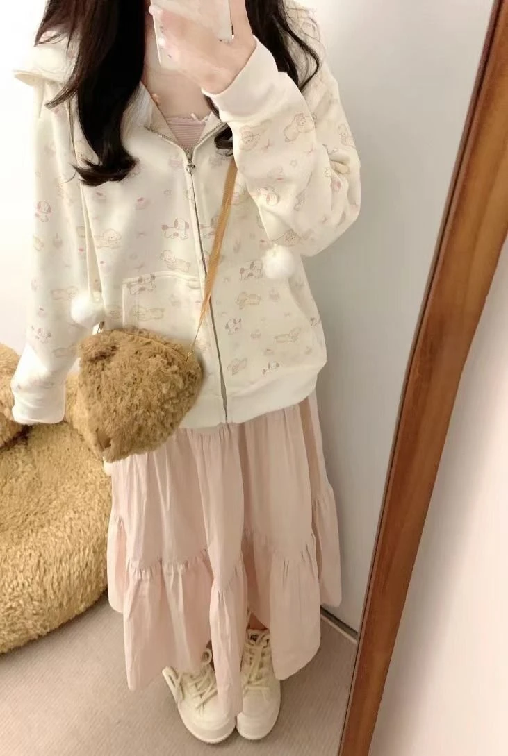 Japanese Lace Patchwork Pocket Hoodies Tops Autumn Harajuku Cartoon Printing Sweatshirt Casual Loose Y2k Aesthetic Streetwear