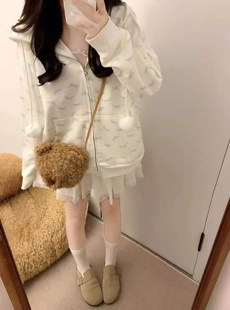 Japanese Lace Patchwork Pocket Hoodies Tops Autumn Harajuku Cartoon Printing Sweatshirt Casual Loose Y2k Aesthetic Streetwear