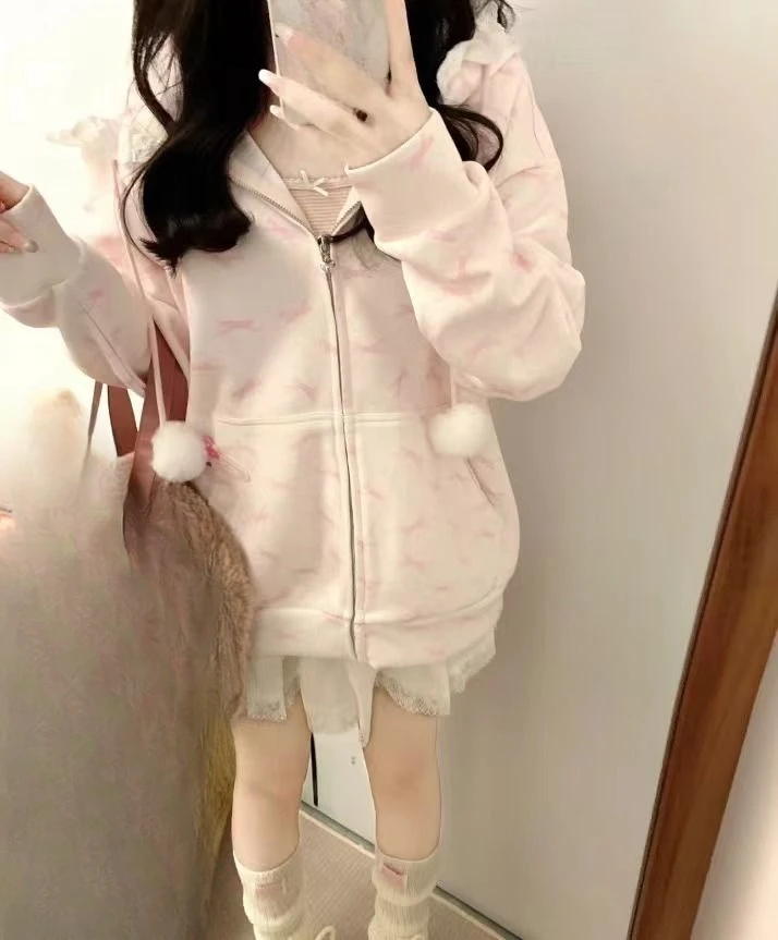 Japanese Lace Patchwork Pocket Hoodies Tops Autumn Harajuku Cartoon Printing Sweatshirt Casual Loose Y2k Aesthetic Streetwear