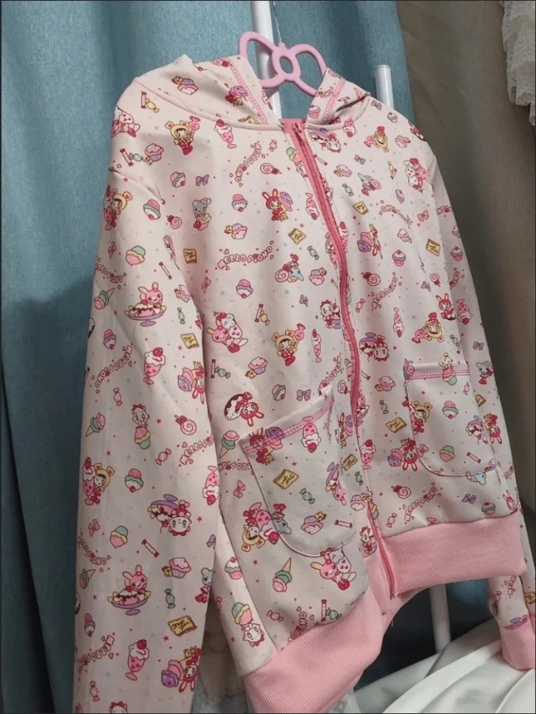 Japanese Kawaii Cute Cartoon Rabbit Print Hoodies Women Casual Grunge Lolita Hooded Sweatshirts Causal Preppy Pink Hoody Jacket