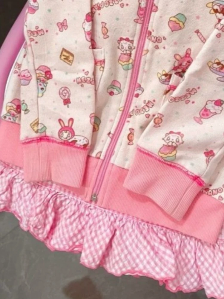 Japanese Kawaii Cute Cartoon Rabbit Print Hoodies Women Casual Grunge Lolita Hooded Sweatshirts Causal Preppy Pink Hoody Jacket