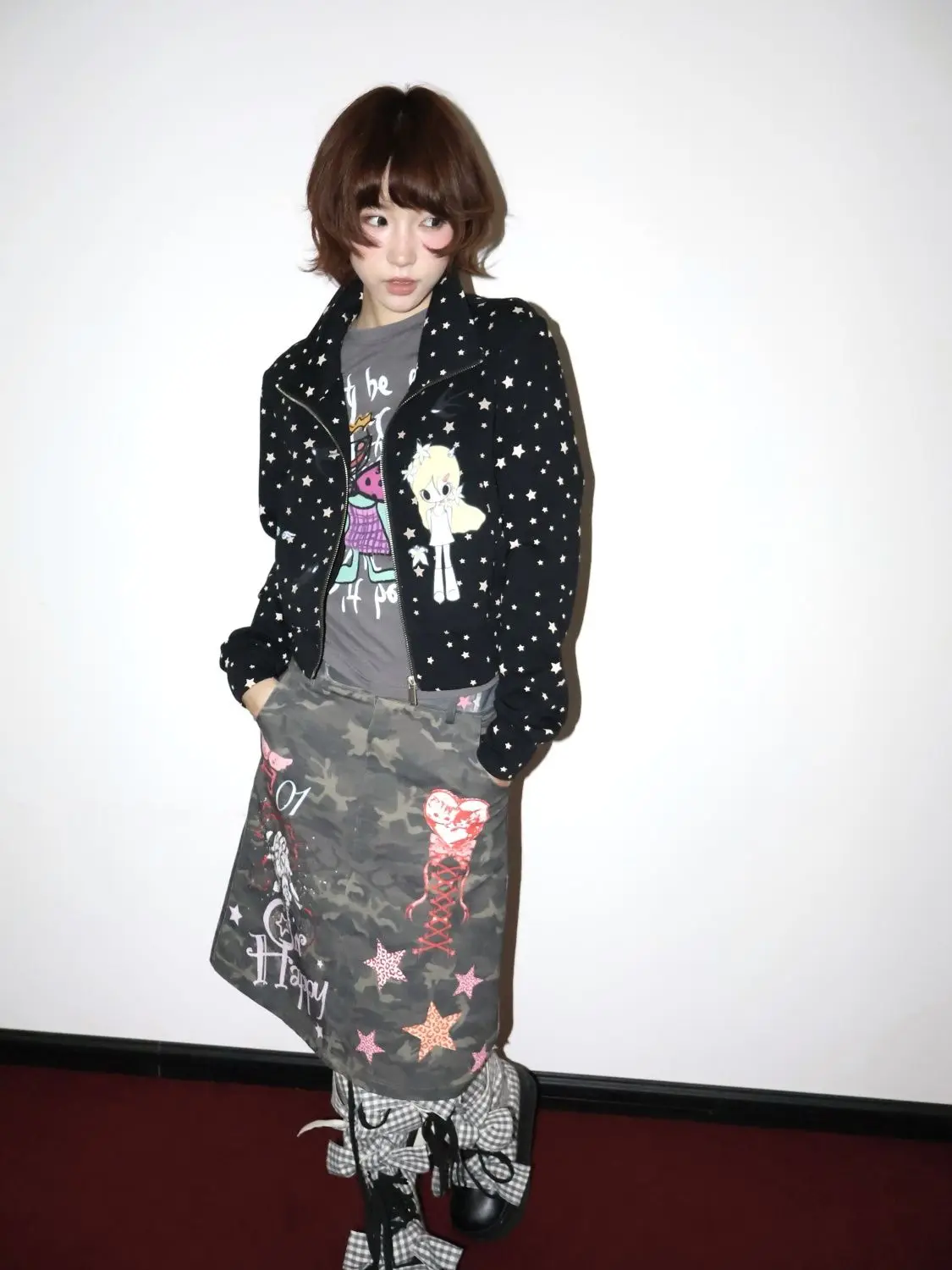Japanese Stand Neck Star Cartoon Printing Jackets Women Harajuku Grunge Zipper Casual Coats Streetwear Loose Vintage Tops Femme