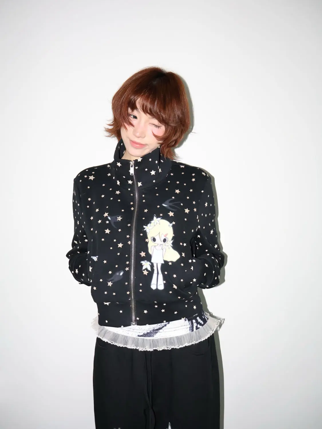 Japanese Stand Neck Star Cartoon Printing Jackets Women Harajuku Grunge Zipper Casual Coats Streetwear Loose Vintage Tops Femme