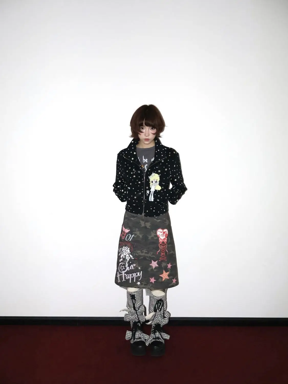 Japanese Stand Neck Star Cartoon Printing Jackets Women Harajuku Grunge Zipper Casual Coats Streetwear Loose Vintage Tops Femme