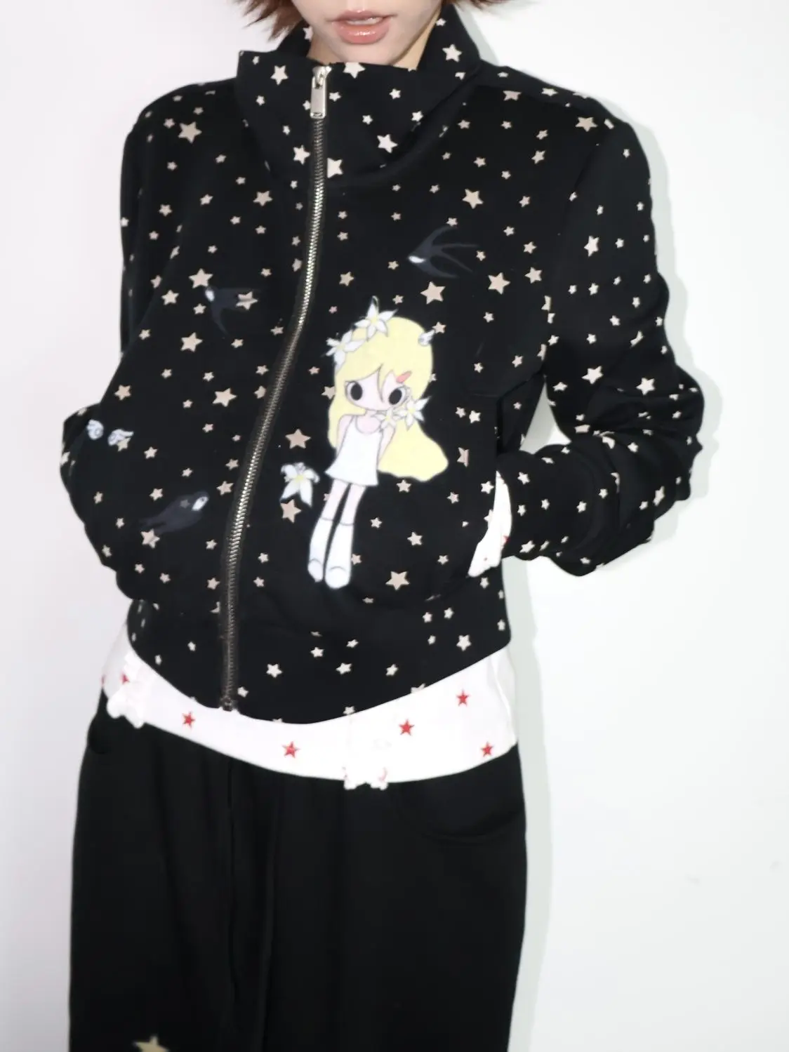 Japanese Stand Neck Star Cartoon Printing Jackets Women Harajuku Grunge Zipper Casual Coats Streetwear Loose Vintage Tops Femme