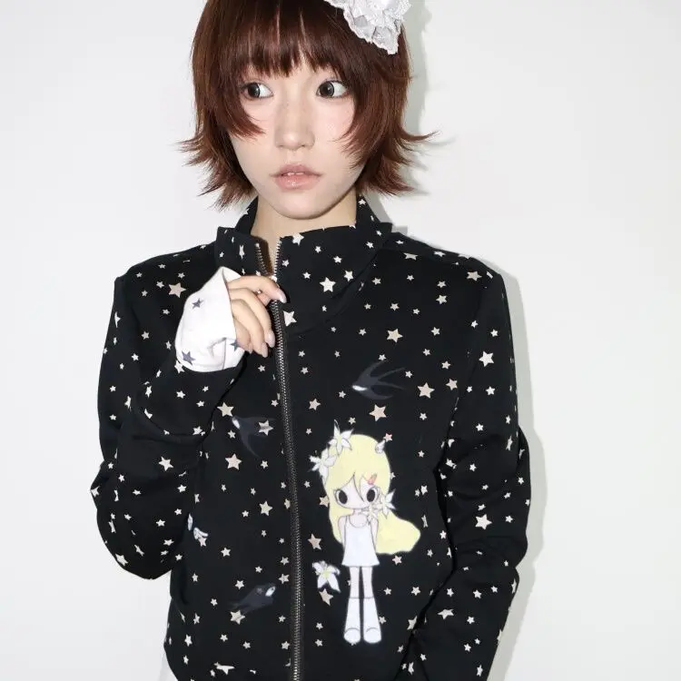 Japanese Stand Neck Star Cartoon Printing Jackets Women Harajuku Grunge Zipper Casual Coats Streetwear Loose Vintage Tops Femme