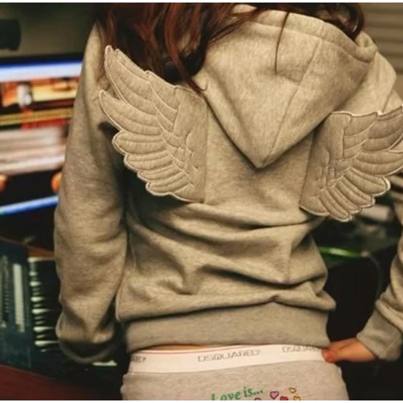 Angel Wing Embroidered Hoodie Pullover Women Sweatshirt Wing Decoration Tops Back Spring Y2k Street Harajuku Loose Pullover