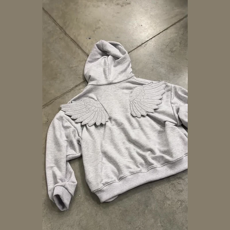 Angel Wing Embroidered Hoodie Pullover Women Sweatshirt Wing Decoration Tops Back Spring Y2k Street Harajuku Loose Pullover