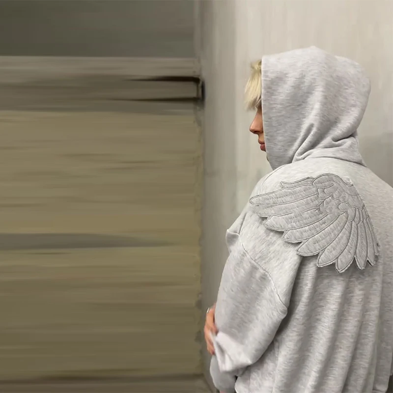 Angel Wing Embroidered Hoodie Pullover Women Sweatshirt Wing Decoration Tops Back Spring Y2k Street Harajuku Loose Pullover