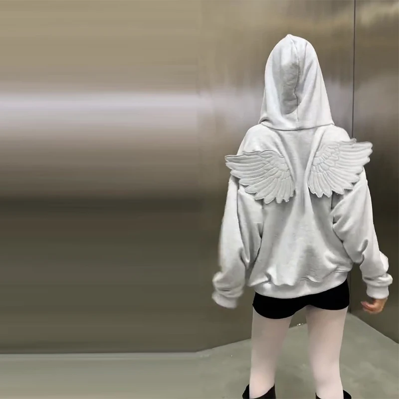 Angel Wing Embroidered Hoodie Pullover Women Sweatshirt Wing Decoration Tops Back Spring Y2k Street Harajuku Loose Pullover