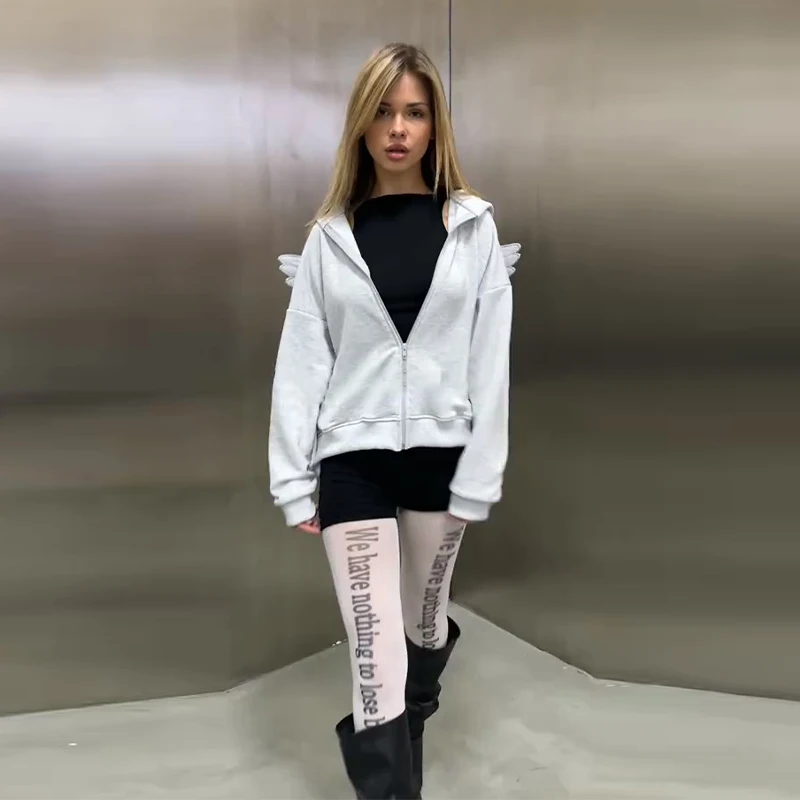 Angel Wing Embroidered Hoodie Pullover Women Sweatshirt Wing Decoration Tops Back Spring Y2k Street Harajuku Loose Pullover